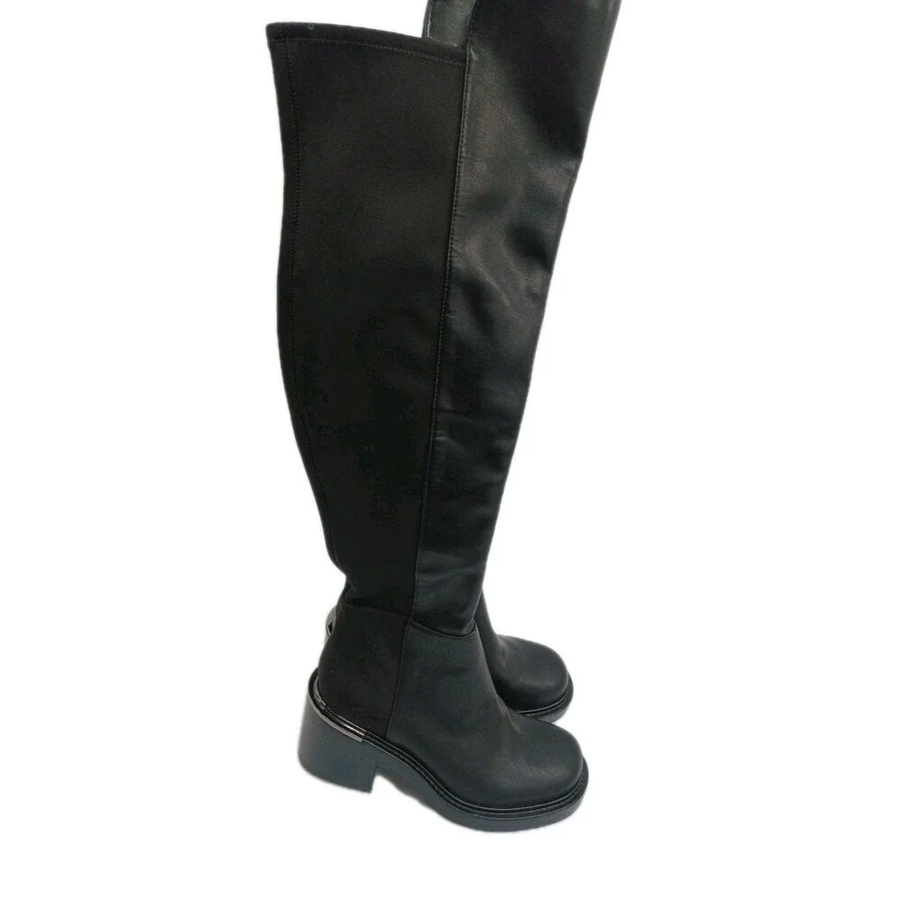 DKNY Black Smooth Heeled Over The Knee High Boots With Metallic Accents Size 7